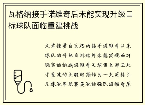 瓦格纳接手诺维奇后未能实现升级目标球队面临重建挑战 瓦格纳接手诺维奇后未能实现升级目标球队面临重建挑战